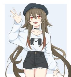 Rule 34 | 1girl, :d, absurdly long hair, alternate costume, black shorts, brown hair, casual, choker, collarbone, commentary, contemporary, earrings, genshin impact, ghost print, hair between eyes, hat, head tilt, highres, hu tao (genshin impact), jewelry, long hair, long sleeves, looking at viewer, open mouth, orange eyes, ring, shirt, shockwhite3, short shorts, shorts, sidelocks, simple background, smile, solo, symbol-shaped pupils, t-shirt, twintails, two-tone background, very long hair, waving, white hair, white shirt