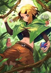 Rule 34 | 1girl, absurdres, belt, black belt, black hair, black shirt, blunt bangs, boots, breasts, brown eyes, brown hair, capelet, cargo shorts, cherubi, commentary request, creatures (company), crop top, cropped shirt, dappled sunlight, emolga, falling leaves, forest, game freak, gardenia (pokemon), gen 4 pokemon, gen 5 pokemon, great ball, green capelet, green footwear, grin, highres, holding, holding poke ball, leaf, legomitu, long sleeves, looking at viewer, medium breasts, midriff, multicolored hair, nature, navel, nintendo, outdoors, poke ball, pokemon, pokemon (creature), pokemon dppt, roserade, shirt, short hair, shorts, sidelocks, smile, standing, standing on one leg, sunlight, teeth, torn clothes, torn shorts, two-tone hair
