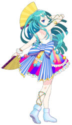 Rule 34 | 1girl, arm up, bare shoulders, blue bow, blue eyes, blue footwear, blunt bangs, blunt ends, bow, bracelet, dress, folding fan, from behind, full body, green hair, hand fan, highres, holding, holding fan, idol clothes, jewelry, long hair, looking at viewer, looking back, moudoku (decopon3rd), multicolored clothes, multicolored dress, pretty series, pripara, profile, shoes, shoulder blades, simple background, skirt, smile, solo, sparkle, standing, striped clothes, striped skirt, tsukikawa chili, two side up, vertical-striped clothes, vertical-striped skirt, very long hair, white background