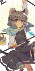 Rule 34 | 1girl, alternate eye color, animal ears, basket, blue capelet, blush, brown eyes, capelet, closed eyes, closed mouth, commentary request, crystal, dowsing rod, feet out of frame, flat chest, grey hair, grey skirt, grey vest, highres, holding, jewelry, layered clothes, long sleeves, mouse (animal), mouse ears, mouse girl, mouse tail, nayozane (worker7), nazrin, pendant, shirt, short hair, skirt, skirt set, smile, solo, sunburst, sunburst background, tail, touhou, vest, white background, white shirt
