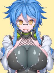 Rule 34 | 1girl, asamura hiori, bare shoulders, blue hair, breasts, cleavage, elbow gloves, glasses, gloves, headphones, highres, large breasts, looking at viewer, ludmila (pso2), phantasy star, phantasy star online 2, short hair, solo, yellow eyes
