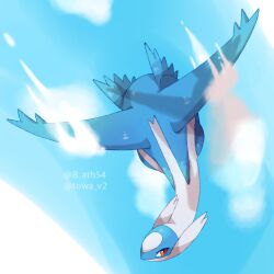 Rule 34 | artist name, blue skin, blue sky, cloud, colored skin, commentary request, creatures (company), flying, from above, game freak, gen 3 pokemon, highres, latios, legendary pokemon, nintendo, no humans, outdoors, pokemon, pokemon (creature), red eyes, sky, towa (clonea), wings