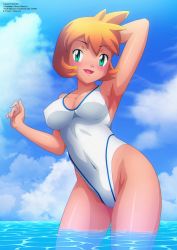Rule 34 | 1girl, abs, armpits, bikini, blush, breasts, cleavage, competition swimsuit, covered erect nipples, covered navel, creatures (company), eyelashes, game freak, gen 2 pokemon, green eyes, gym leader, highres, holding, large breasts, legs, medium breasts, misty (pokemon), navel, nintendo, one-piece swimsuit, open mouth, pokemon, pokemon hgss, short hair, smile, solo, swimsuit, thighs, water, wet, white bikini, zel-sama