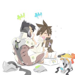 Rule 34 | 1boy, 1girl, ^ ^, aftersex, black hair, bottomless, brown hair, chip-tooth, cleaning, closed eyes, cyborg, genji (overwatch), happy, highres, laughing, messy room, open mouth, overwatch, overwatch 1, short hair, simple background, sitting, smile, tissue, tissue box, tracer (overwatch), white background