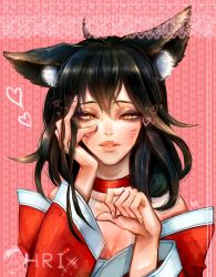 Rule 34 | 1girl, ahri (league of legends), animal, animal ears, blush, highres, id, league of legends, lips, looking at viewer, solo, striped, striped background