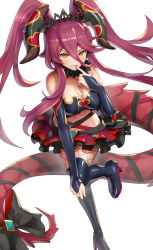 Rule 34 | 1girl, bare shoulders, bat (animal), black choker, blush, breasts, choker, circle skirt, cleavage, closed mouth, dragalia lost, dragon, dragon girl, dragon horns, dragon tail, fang, full body, fur choker, gonzarez, halloween, halloween costume, heart, highres, horns, large breasts, md5 mismatch, mym (dragalia lost), one eye closed, orange eyes, red hair, resolution mismatch, simple background, sky, smile, solo, source smaller, tail, tiara, twintails