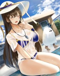Rule 34 | 1girl, animal ears, bikini, blue sky, blush, breasts, brown hair, closed eyes, collarbone, day, fanning face, fate/grand order, fate (series), hair between eyes, hat, highres, jackal ears, large breasts, long hair, medjed (fate), nicky w, open mouth, pool, purple bikini, shirt, sitting, sky, sun hat, sunlight, swimsuit, thighs, wet, wet clothes, wet shirt, whistle, whistle around neck, xuangzang sanzang (fate)