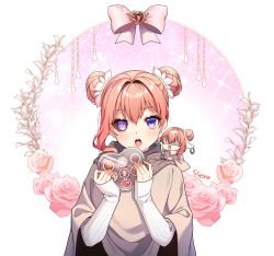 Rule 34 | 1girl, blush, bow, box, chocolate, commentary request, double bun, ear piercing, earrings, flower, follower (identity v), gift, hair bun, hair intakes, heart-shaped box, holding, holding gift, identity v, jewelry, long sleeves, looking at viewer, on shoulder, open mouth, piercing, pink bow, pink flower, pink hair, pink rose, purple eyes, rose, shaded face, single side bun, sleeves past wrists, tempy (rinsia), upper body