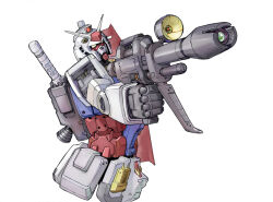Rule 34 | beam rifle, energy gun, from side, gun, gundam, holding, holding gun, holding shield, holding weapon, leaning back, mecha, mobile suit, mobile suit gundam, no humans, robot, rx-78-2, saitani umetarou, shield, solo, thrusters, v-fin, weapon, white background, yellow eyes