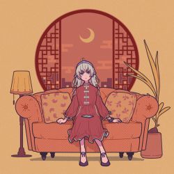 Rule 34 | 1girl, ahoge, black footwear, brown background, couch, crescent moon, dress, earrings, egasumi, grey eyes, grey hair, hairband, highres, jewelry, lamp, leaf, long hair, long sleeves, miyoshi yoshimi, moon, original, pillow, plant, potted plant, purple hairband, red dress, shadow, shoes, sitting, solo