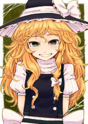 Rule 34 | 1girl, blonde hair, blue eyes, bow, daitai konna kanji, female focus, grin, hair bow, hat, kirisame marisa, long hair, looking at viewer, messy hair, puffy sleeves, short sleeves, smile, solo, symbol-shaped pupils, touhou, upper body, very long hair, witch, witch hat