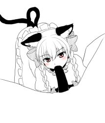 Rule 34 | 1girl, animal ears, bad id, bad pixiv id, blush, bow, braid, cat ears, clothes lift, collar, dress, dress lift, food, frilled collar, frilled dress, frilled shirt collar, frilled sleeves, frills, isaki (gomi), kaenbyou rin, monochrome, panties, pointy ears, red eyes, sexually suggestive, spot color, sushi, top-down bottom-up, touhou, twin braids, twintails, underwear