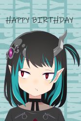 Rule 34 | 1girl, akitetsu, black dress, black hair, blue hair, bright pupils, broken horn, closed mouth, demon girl, demon horns, dress, expressionless, eye hair ornament, fang, grey horns, happy birthday, highres, horns, looking to the side, medium hair, multicolored hair, nanashi inc., official alternate costume, one side up, pointy ears, red eyes, shishio chris, shishio chris (3rd costume), slit pupils, solo, sugar lyric, two-tone hair, virtual youtuber, white pupils