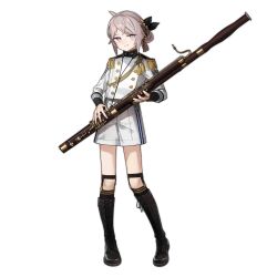 Rule 34 | 1girl, ahoge, astg, bassoon, black bow, black footwear, black socks, boots, bow, cross-laced footwear, epaulettes, fingernails, full body, girls&#039; frontline, grey hair, griffin &amp; kryuger, grin, hair bow, hair bun, hair ornament, highres, holding, holding instrument, instrument, knee boots, kneehighs, lace-up boots, looking at viewer, m200 (solemn march) (girls&#039; frontline), marching band, official alternate costume, official art, purple eyes, shirt, shorts, simple background, single hair bun, smile, socks, solo, standing, star (symbol), star hair ornament, transparent background, white shirt, white shorts, white uniform