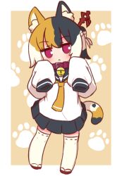 Rule 34 | 1girl, :&lt;, animal ears, bell, black hair, black skirt, blush, calico, cat ears, cat girl, cat tail, chibi, closed mouth, collar, hair ornament, hairpin, highres, jitome, kemomimi-chan (naga u), long sleeves, looking at viewer, multicolored hair, naga u, neck bell, orange hair, original, paw print, paw print background, pleated skirt, red collar, red eyes, skirt, sleeves past fingers, sleeves past wrists, solo, standing, tail, thighhighs, white hair, white thighhighs
