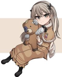 Rule 34 | 1girl, absurdres, bad id, bad twitter id, badge, bag, bandages, bandaid, black bow, black footwear, black ribbon, boko (girls und panzer), boots, bow, brooch, brown capelet, brown coat, brown dress, brown eyes, capelet, carrying, closed mouth, coat, commentary, dress, fur-trimmed capelet, fur-trimmed sleeves, fur trim, girls und panzer, hair bow, hair ribbon, handbag, head tilt, highres, holding, holding stuffed toy, jewelry, korean commentary, light brown hair, long dress, long hair, looking at viewer, metro (jbcman0198), one side up, ribbon, shimada arisu, simple background, sitting, smile, solo, stuffed animal, stuffed toy, teddy bear, white background