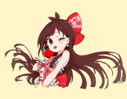 Rule 34 | 1girl, ;d, anderson m0311, antenna hair, apple, blunt ends, blush, bow, brown hair, commentary, cropped torso, dress, earrings, floating hair, food, fruit, hair bow, heart, heart earrings, highres, holding, holding food, holding fruit, idol, idolmaster, idolmaster cinderella girls, jewelry, looking at viewer, one eye closed, open mouth, red eyes, simple background, sleeveless, sleeveless dress, smile, solo, tsujino akari, upper body, yellow background