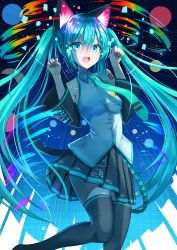 Rule 34 | 1girl, :d, abstract background, absurdres, animal ears, aqua eyes, aqua hair, aqua necktie, bare shoulders, black skirt, black thighhighs, boots, cat ears, collarbone, commentary, detached sleeves, fake animal ears, feet out of frame, hair between eyes, hana hebi, hatsune miku, headphones, highres, long hair, necktie, open mouth, paw pose, pleated skirt, shirt, skirt, sleeveless, sleeveless shirt, smile, solo, standing, tattoo, teeth, thigh boots, thighhighs, twintails, upper teeth only, vocaloid, white shirt, zettai ryouiki