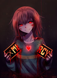 Rule 34 | 1other, absurdres, artist name, black background, blood, blood on clothes, blood on face, blood on hands, blood on neck, blush, bright pupils, brown background, brown hair, chara (undertale), closed mouth, collarbone, commentary, commission, english commentary, glowing, glowing eyes, gradient background, green sweater, hair between eyes, hair flaps, heart, heart necklace, highres, holding, jewelry, likesac, long sleeves, looking at viewer, medium hair, necklace, nose blush, red eyes, smug, solo, striped clothes, striped sweater, sweater, undertale, upper body, white pupils, yellow sweater
