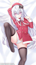 Rule 34 | 1girl, alternate costume, angel wings, azusa (blue archive), bed, bed sheet, black thighhighs, blue archive, breasts, capelet, christmas, cleft of venus, cosplay, fur trim, gabriel evangel, grey hair, hair between eyes, hair ornament, halo, hand up, highres, jacket, long hair, long sleeves, lying, on back, panties, pink eyes, red capelet, red headwear, red jacket, ribbon, serina (blue archive), serina (christmas) (blue archive), serina (christmas) (blue archive) (cosplay), skindentation, small breasts, solo, spread legs, thighhighs, underwear, white capelet, white hair, wings
