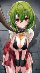 Rule 34 | 1girl, animal collar, bare legs, bikini, bikini top only, bikini under clothes, black bikini, blush, bound, bound wrists, breasts, collar, cuffs, green hair, hair between eyes, highres, hira-san, kazami yuuka, kneeling, large breasts, leash, looking at viewer, open clothes, open shirt, plaid, plaid skirt, red eyes, red skirt, restrained, shackles, shirt, skirt, solo, sweat, swimsuit, torn clothes, torn skirt, touhou, upturned eyes, viewer holding leash, white shirt