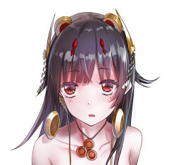 Rule 34 | 1girl, black hair, blush, earrings, for-miku, gold earrings, hair ornament, highres, jewelry, long hair, looking at viewer, lucia: plume (eventide glow) (punishing: gray raven), lucia (punishing: gray raven), necklace, open mouth, punishing: gray raven, red eyes, white background