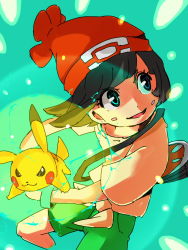 Rule 34 | &gt;:d, 1girl, :d, aqua background, bag, beanie, black hair, blue eyes, blush stickers, bob cut, bracelet, carrying, collarbone, creatures (company), electricity, eyelashes, flat chest, floral print, game freak, gen 1 pokemon, green shorts, handbag, hat, highres, hyou (hyouga617), jewelry, light particles, looking away, looking to the side, nintendo, open mouth, parted bangs, pikachu, pocket, poke ball theme, pokemon, pokemon (creature), pokemon sm, red hat, selene (pokemon), shirt, short hair, short sleeves, shorts, smile, tied shirt, v-shaped eyebrows, yellow shirt, z-move, z-ring