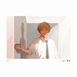 Rule 34 | 1boy, blonde hair, chainsaw man, collared shirt, dated, denji (chainsaw man), hair between eyes, highres, necktie, ohisama33ohayo3, opening door, pocket, polaroid, shadow, shirt, short hair, sleeves rolled up, solo, white shirt, yellow eyes