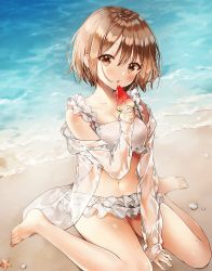 Rule 34 | 1girl, bad id, bad pixiv id, bare legs, bare shoulders, barefoot, beach, between legs, bikini, bikini skirt, blush, breasts, brown eyes, brown hair, chestnut mouth, cleavage, collarbone, day, food, frills, hair between eyes, hand up, holding, holding food, long sleeves, looking at viewer, medium breasts, navel, ocean, off shoulder, open clothes, open shirt, original, outdoors, parted lips, popsicle, sand, see-through, short hair, sidelocks, sitting, solo, starfish, stomach, swimsuit, thighs, wariza, water, watermelon bar, weri, wet, white bikini