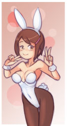 Rule 34 | 1girl, animal ears, blush, breasts, brown eyes, brown hair, bubble background, cleavage, collarbone, digimon, digimon adventure, double v, drantyno, fake animal ears, hair ornament, hairclip, highres, leotard, looking at viewer, medium breasts, pantyhose, pink background, playboy bunny, rabbit ears, rabbit tail, short hair, smile, solo, standing, tail, v, white leotard, wrist cuffs, yagami hikari