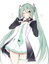 Rule 34 | 1girl, 39, ;), aqua eyes, aqua hair, aqua nails, black gloves, black sleeves, blush, breasts, cleavage cutout, clothing cutout, collarbone, commentary request, cowboy shot, detached sleeves, dress, fingers to cheeks, gloves, gradient clothes, gradient sleeves, hair between eyes, half gloves, hatsune miku, highres, long hair, looking at viewer, nail polish, necktie, one eye closed, open clothes, open vest, parted lips, pleated dress, see-through, sidelocks, simple background, skirt, sleeveless, sleeveless dress, small breasts, smile, solo, standing, takanashi kei (hitsujikan), thigh strap, twintails, very long hair, vest, vocaloid, white background, white dress