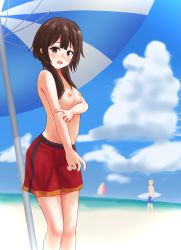 Rule 34 | 1girl, absurdres, arm under breasts, beach, beach umbrella, blunt bangs, blurry, blurry background, blush, breasts, brown hair, cloud, commentary, crossdressing, day, depth of field, embarrassed, female focus, highres, holding own arm, kono subarashii sekai ni shukufuku wo!, legs together, looking at viewer, looking to the side, male swimwear, male swimwear challenge, megumin, mozuku hermit, nipples, ocean, open mouth, outdoors, raised eyebrows, red eyes, red male swimwear, red swim trunks, short hair, sidelocks, sky, small breasts, surfboard, sweat, sweatdrop, swim trunks, swimsuit, topless, umbrella