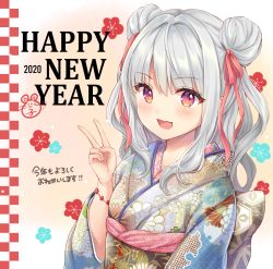 Rule 34 | 1girl, 2020, :d, commentary request, double bun, floral background, floral print, furisode, hair bun, hair ribbon, happy new year, japanese clothes, kimono, long hair, long sleeves, nazuna shizuku, nengajou, new year, obi, open mouth, original, print kimono, red ribbon, ribbon, sash, silver hair, smile, solo, translation request, upper body, v, wide sleeves