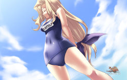 Rule 34 | 10s, 1girl, 2010, agarest senki, agarest senki (series), arms behind back, blonde hair, cloud, company name, copyright name, covered navel, day, closed eyes, from below, game cg, highres, hildagerd, hildegard (agarest senki), hirano katsuyuki, long hair, low-tied long hair, name tag, official art, one-piece swimsuit, school swimsuit, sky, solo, swimsuit