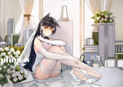 Rule 34 | 1girl, artist name, atago (azur lane), atago (lily-white vow) (azur lane), azur lane, bare shoulders, black hair, blush, bouquet, box, breasts, bridal veil, closed mouth, curtains, dress, elbow gloves, flower, full body, gift, gift box, gloves, gradient hair, hand on own shoulder, highres, indoors, jewelry, knees up, large breasts, long hair, looking at viewer, mole, mole under eye, multicolored hair, on floor, orange eyes, orange hair, ornate ring, panties, pantyshot, plumw, ring, rose, short dress, sitting, smile, solo, thighhighs, underwear, upskirt, veil, very long hair, wedding dress, white dress, white flower, white gloves, white panties, white rose, white thighhighs, window