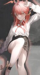 Rule 34 | 1girl, aru (blue archive), black skirt, blue archive, kangshi, long hair, long sleeves, looking at viewer, red hair, shirt, skirt, smile, solo, white shirt, yellow eyes