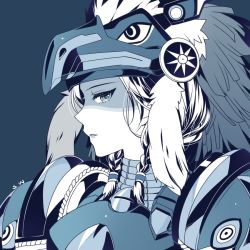 Rule 34 | 1girl, armor, artist name, blue background, blue theme, eyeliner, face, feathers, hair tie, headdress, helmet, jewelry, kaoruru (sakuno2911), looking at viewer, makeup, monochrome, native american, native american headdress, neck ring, official alternate costume, overwatch, overwatch 1, parted lips, pauldrons, pharah (overwatch), power armor, profile, short twintails, shoulder armor, shoulder pads, simple background, solo, thunderbird pharah, tribal, twintails