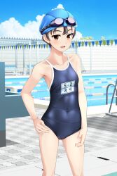 Rule 34 | 1girl, absurdres, black hair, blue headwear, blue one-piece swimsuit, blue sky, brown eyes, cloud, commentary request, competition school swimsuit, covered navel, day, feet out of frame, goggles, goggles on head, hand on own hip, highres, lane line, name connection, one-piece swimsuit, original, outdoors, pool, pool ladder, school swimsuit, short hair, sky, solo, standing, starting block, swim cap, swimsuit, takafumi, tomboy