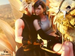 Rule 34 | 1boy, 1girl, 3d, artist name, bare shoulders, black hair, black skirt, blue background, breasts, brown gloves, chocobo, closed eyes, cloud strife, couple, crop top, detached sleeves, earrings, final fantasy, final fantasy vii, fingerless gloves, gloves, hand on another&#039;s waist, highres, jewelry, kissing cheek, large breasts, long hair, one eye closed, red eyes, red gloves, red lips, ria-neearts, ridding, sitting, skirt, sleeveless, sleeveless turtleneck, spiked hair, square enix, suspender skirt, suspenders, tank top, tifa lockhart, turtleneck, white tank top