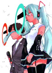 Rule 34 | 1boy, 1girl, @ @, alternate eye color, anonymous m (vocaloid), aqua necktie, arufa faru, bar censor, belt, black hair, black skirt, black sleeves, black thighhighs, blurry, censored, character pin, closed mouth, collared shirt, commentary, covered eyes, cowboy shot, crazy eyes, depth of field, detached sleeves, dress shirt, expressionless, formal, from side, goechipi, hair between eyes, hair ornament, hatsune miku, hatsune miku (vocaloid4), headphones, highres, holding, holding microphone, identity censor, long hair, looking at viewer, looking down, microphone, miniskirt, necktie, number tattoo, own hands together, pink eyes, shirt, short hair, sideways glance, skirt, sleeveless, sleeveless shirt, striped necktie, suit, tattoo, thighhighs, twintails, uncensored, vocaloid, white background, white shirt, wind, wind lift, zettai ryouiki