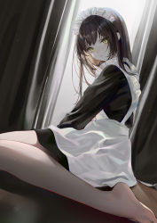 Rule 34 | 1girl, apron, barefoot, black dress, brown hair, closed mouth, commentary request, curtains, dress, frills, full body, head tilt, highres, indoors, legs, long hair, long legs, long sleeves, looking at viewer, maid, maid apron, maid headdress, myoushun, original, shadow, sidelocks, sitting, solo, wariza, yellow eyes