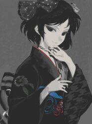 Rule 34 | 1girl, alternate costume, azami117, black bow, black eyes, black hair, black kimono, bob cut, bow, closed mouth, empty eyes, eyelashes, floral print, grey background, grey sash, hair bow, hand on own chest, hand on own chin, highres, houndstooth, japanese clothes, kimono, long sleeves, looking at viewer, monogatari (series), monogatari series puc puc, obi, oshino ougi, pale skin, polka dot, polka dot bow, sash, short hair, smile, solo, upper body, wide sleeves