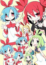 Rule 34 | 4girls, asameshi, ascot, bare shoulders, black choker, black gloves, blonde hair, blue hair, blush stickers, bracelet, choker, closed eyes, disgaea, dress, earrings, elbow gloves, etna (disgaea), fang, flonne, gloves, green eyes, green hair, grin, hair ribbon, hand up, highres, holding, jewelry, long hair, long sleeves, looking at viewer, marona (phantom brave), message in a bottle, multiple girls, multiple views, neck ribbon, open mouth, phantom brave, pleinair, pointy ears, red eyes, red hair, red ribbon, ribbon, short hair, short twintails, simple background, skin fang, skull earrings, sleeveless, sleeveless dress, smile, twintails, upper body, usagi-san, white dress, wide sleeves, yellow background