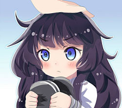 Rule 34 | 10s, 1girl, admiral (kancolle), akatsuki (kancolle), bad id, bad pixiv id, blue eyes, blush, blush stickers, gradient background, hand on another&#039;s head, hand on own head, hat, unworn hat, head pat, headpat, unworn headwear, holding, holding clothes, holding hat, kantai collection, long hair, oimo (imoyoukan), oimonocake, purple hair, solo focus