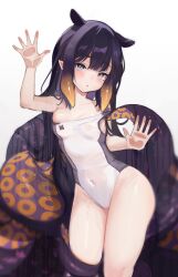 Rule 34 | 1girl, blue eyes, blunt bangs, blush, cameltoe, covered navel, gradient hair, highres, hololive, hololive english, koahri, long hair, looking at viewer, mole, mole under eye, multicolored hair, ninomae ina&#039;nis, nipples, one-piece swimsuit, open mouth, orange hair, pointy ears, purple hair, pussy, see-through, sidelocks, solo, swimsuit, tentacle hair, tentacles, thighs, very long hair, virtual youtuber