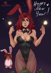 Rule 34 | 2girls, animal costume, animal ears, artist name, bare arms, bare shoulders, black bow, black bowtie, black leotard, bow, bowtie, breasts, chinese zodiac, cleavage, commentary, detached collar, english commentary, fireworks, freckles, green eyes, hairband, happy new year, highres, holding fireworks, large breasts, leotard, long hair, looking at viewer, mal (malberrybush), malberrybush, multiple girls, new year, original, pantyhose, playboy bunny, rabbit ears, rabbit girl, red hairband, scar, solo focus, sparkler, thigh gap, toned, year of the rabbit
