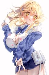 Rule 34 | 1girl, :q, belt pouch, blonde hair, blue bow, blue bowtie, blue jacket, blush, bowtie, breasts, claw ring, cleavage, collared shirt, goddess of victory: nikke, hair ornament, heart, jacket, large breasts, long hair, looking at viewer, mole, mole under eye, multiple rings, off-shoulder jacket, off shoulder, partially unbuttoned, pencil skirt, pouch, puffy sleeves, raika (kaidayo), ring, shirt, simple background, skirt, sleeves past wrists, solo, strap, tia (nikke), tongue, tongue out, v, white background, white shirt, yellow eyes