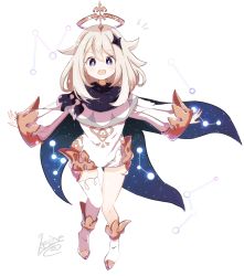 Rule 34 | 1girl, :d, absurdres, blue eyes, cape, dress, genshin impact, halo, highres, keinesandayoooo, looking at viewer, open mouth, paimon (genshin impact), scarf, short hair, smile, white dress, white hair