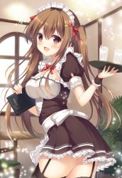 Rule 34 | 1girl, :d, apron, black thighhighs, breasts, brown eyes, brown hair, cleavage, cowboy shot, cup, dress, drinking glass, garter straps, glasses, hair between eyes, indoors, large breasts, long hair, looking at viewer, maid, maid apron, maid headdress, menu, microdress, moe2015, open mouth, original, short sleeves, smile, solo, thighhighs, thighs, tomoo (tomo), tray, twintails