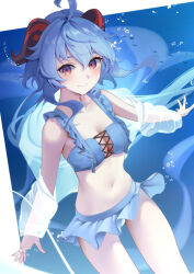 Rule 34 | 1girl, air bubble, alternate costume, bare shoulders, bikini, bikini skirt, blue background, blue bikini, blue hair, blush, breasts, bubble, cleavage, closed mouth, collarbone, cross-laced bikini, cross-laced clothes, fish, frilled bikini top, ganyu (genshin impact), genshin impact, goat horns, hair between eyes, highres, horns, jacket, long hair, looking at viewer, medium breasts, navel, outstretched arms, purple eyes, red eyes, see-through, see-through jacket, sidelocks, smile, solo, stomach, submerged, swimsuit, tyenka7728, underwater
